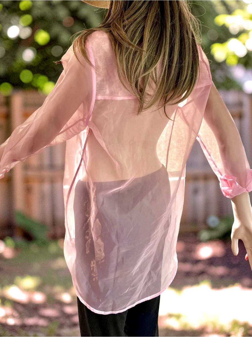 Nicole Miller Pink Sheer Button Down Blouse M Collared Tunic Beach Cover Up - Picture 2 of 7
